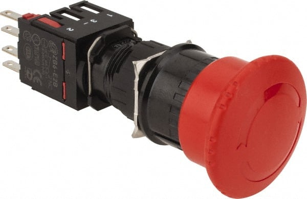 Schneider Electric - 16mm Mount Hole, Extended Mushroom Head, Pushbutton Switch with Contact Block - Round, Red Pushbutton, Maintained (MA), Momentary (MO) - Exact Tooling