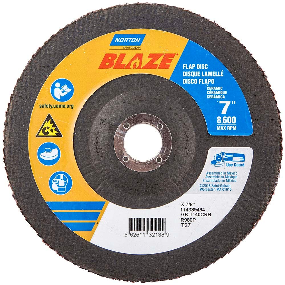 Norton - 7" 40 Grit 7/8" Center Hole Type 27 Ceramic Alumina Flap Disc - Exact Tooling