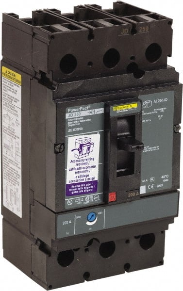 Square D - 200 Amp, 600 VAC, 3 Pole, Panel Mount Molded Case Circuit Breaker - Thermal Magnetic Trip, Multiple Breaking Capacity Ratings, 87.4mm Deep x 191mm High x 104.7mm Wide - Exact Tooling