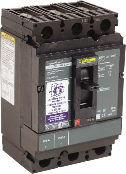 Square D - 125 Amp, 250 VDC, 600 VAC, 3 Pole, Panel Mount Molded Case Circuit Breaker - Thermal Magnetic Trip, 14-3/0 AWG, 87.4mm Deep x 162.6mm High x 104.7mm Wide - Exact Tooling
