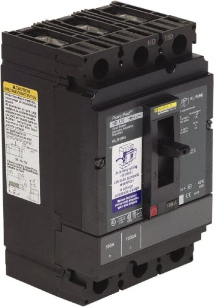 Square D - 100 Amp, 250 VDC, 600 VAC, 3 Pole, Panel Mount Molded Case Circuit Breaker - Thermal Magnetic Trip, 14 kA at 600 VAC Breaking Capacity, 14-3/0 AWG, 110.8mm Deep x 162.6mm High x 104.7mm Wide - Exact Tooling