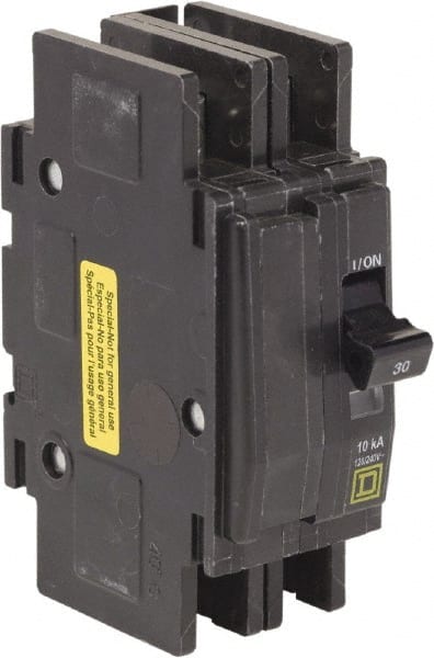 Square D - 30 Amp, 120/240 VAC, 2 Pole, DIN Rail Mounted, Flush Mount, Surface Mount Miniature Circuit Breaker - Thermal Magnetic Trip, 10 kA at 120/240 VAC Breaking Capacity, 14-2 (Aluminum), 14-2 (Copper) AWG, 74mm Deep x 103mm High x 19mm Wide - Exact Tooling