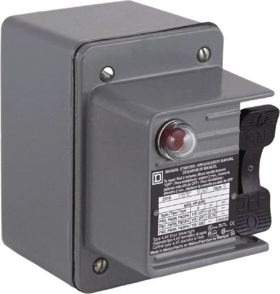 Square D - 2 Poles, 16 Amp, NEMA, Enclosed Toggle Manual Motor Starter - 1 hp at 115 VAC, 1 hp at 230 VAC, 1 hp at 277 VAC, 3/4 hp at 115 VDC & 3/4 hp at 230 VDC, CE, CSA, NEMA 4 & UL Listed - Exact Tooling