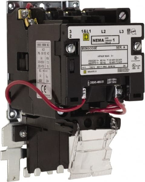 Square D - 600 Coil VAC, 27 Amp, NEMA Size 1, Open Enclosure NEMA Motor Starter - 1 Phase hp: 7 1/2 at 200 Volt, 7 1/2 at 230 Volt, 3 Phase hp: 10 at 460 Volt, 10 at 575 Volt - Exact Tooling
