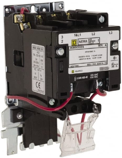 Square D - 110 Coil VAC at 50 Hz, 120 Coil VAC at 60 Hz, 600 Coil VAC, 27 Amp, NEMA Size 1, Open Enclosure NEMA Motor Starter - 1 Phase hp: 7 1/2 at 200 Volt, 7 1/2 at 230 Volt, 3 Phase hp: 10 at 460 Volt, 10 at 575 Volt - Exact Tooling