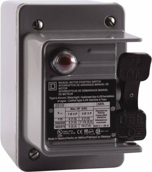 Square D - 3 Poles, 30 Amp, NEMA, Enclosed Toggle Manual Motor Starter - 1 hp at 90 VDC, 10 hp at 460 VAC, 10 hp at 575 VAC, 1-1/2 hp at 230 VDC, 2 hp at 115 VAC, 2 hp at 115 VDC & 7-1/2 hp at 230 VAC, CE, CSA, NEMA 4 & UL Listed - Exact Tooling
