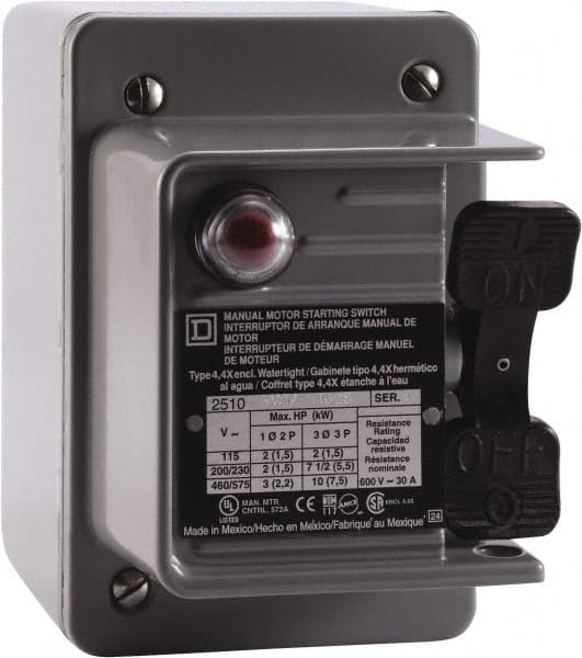 Square D - 2 Poles, 30 Amp, NEMA, Enclosed Toggle Manual Motor Starter - 1 hp at 90 VDC, 1-1/2 hp at 230 VDC, 2 hp at 115 VAC, 2 hp at 115 VDC, 2 hp at 230 VAC, 3 hp at 460 VAC & 3 hp at 575 VAC, CE, CSA, NEMA 4 & UL Listed - Exact Tooling