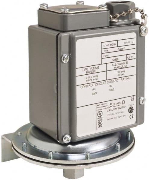 Square D - 4, 13 and 4X NEMA Rated, SPDT, 0.2 to 10 psi, Vacuum Switch Pressure and Level Switch - Adjustable Pressure, 120 VAC, 125 VDC, 240 VAC, 250 VDC, Screw Terminal - Exact Tooling
