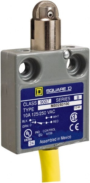 Square D - SPDT, NC/NO, 240 VAC, Prewired Terminal, Roller Plunger Actuator, General Purpose Limit Switch - 1 NEMA Rating, IP20 IPR Rating, 18 Ounce Operating Force - Exact Tooling