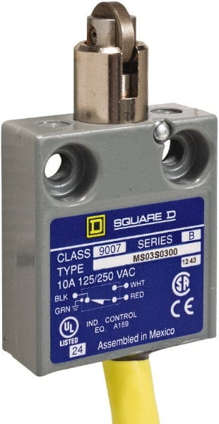 Square D - SPDT, NC/NO, 240 VAC, Prewired Terminal, Roller Plunger Actuator, General Purpose Limit Switch - 1, 2, 4, 6, 6P NEMA Rating, IP67 IPR Rating, 80 Ounce Operating Force - Exact Tooling