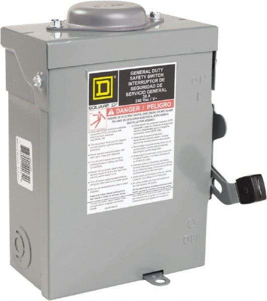 Square D - 30 Amp, 240 VAC, 2 Pole Nonfused Safety Switch - NEMA 3R, 1 & 3 Phase, 10 hp at 240 VAC (Single Phase), 15 hp at 240 VAC (Triple Phase) - Exact Tooling