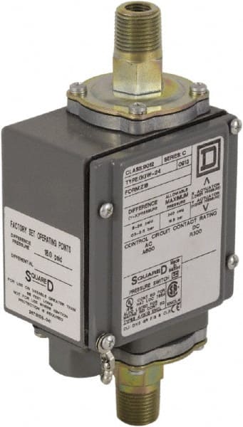 Square D - 4, 13 and 4X NEMA Rated, DPDT, 175 psi, Electromechanical Pressure and Level Switch - Adjustable Pressure, 120 VAC at 6 Amp, 125 VDC at 0.22 Amp, 240 VAC at 3 Amp, 250 VDC at 0.11 Amp, 1/4 Inch Connector, Screw Terminal, For Use with 9012G - Exact Tooling