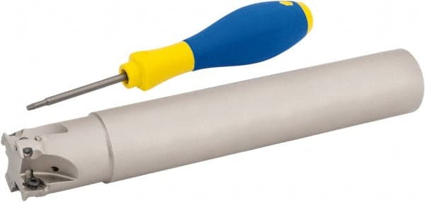 Iscar - 1-1/4" Cut Diam, 0.315" Max Depth of Cut, 1-1/4" Shank Diam, 7.87" OAL, Indexable Square Shoulder Helical End Mill - HM390 TPKT 1003 Inserts, Cylindrical Shank, 90° Lead Angle, Through Coolant, Series HeliIQMill - Exact Tooling