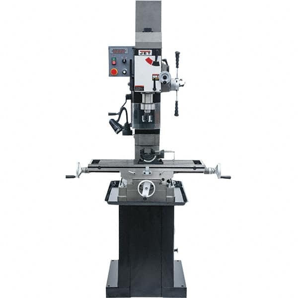 Jet - 3 Phase, 19-11/16" Swing, Geared Head Mill Drill Combination - 32-1/4" Table Length x 9-1/2" Table Width, 20-1/2" Longitudinal Travel, 8-1/4" Cross Travel, Variable Spindle Speeds, 1.5 hp, 230 Volts - Exact Tooling