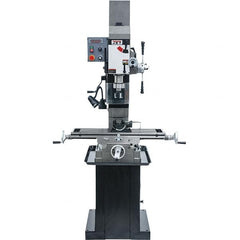 Jet - 3 Phase, 19-11/16" Swing, Geared Head Mill Drill Combination - 32-1/4" Table Length x 9-1/2" Table Width, 20-1/2" Longitudinal Travel, 8-1/4" Cross Travel, Variable Spindle Speeds, 1.5 hp, 230 Volts - Exact Tooling