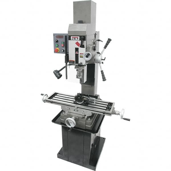Jet - 3 Phase, 19-11/16" Swing, Geared Head Mill Drill Combination - 32-1/4" Table Length x 9-1/2" Table Width, 20-1/2" Longitudinal Travel, 8-1/4" Cross Travel, Variable Spindle Speeds, 1.5 hp, 230 Volts - Exact Tooling