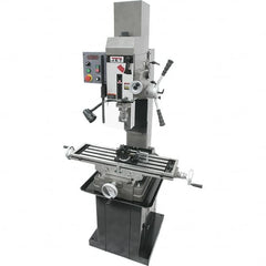 Jet - 3 Phase, 19-11/16" Swing, Geared Head Mill Drill Combination - 32-1/4" Table Length x 9-1/2" Table Width, 20-1/2" Longitudinal Travel, 8-1/4" Cross Travel, Variable Spindle Speeds, 1.5 hp, 230 Volts - Exact Tooling