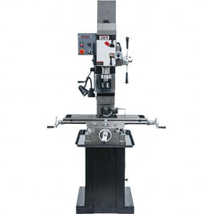 Jet - 3 Phase, 19-11/16" Swing, Geared Head Mill Drill Combination - 32-1/4" Table Length x 9-1/2" Table Width, 20-1/2" Longitudinal Travel, 8-1/4" Cross Travel, Variable Spindle Speeds, 1.5 hp, 230 Volts - Exact Tooling