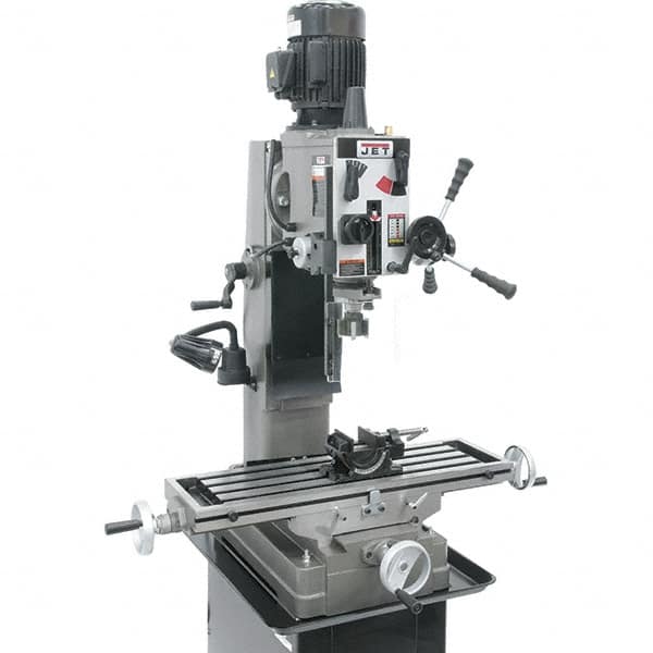 Jet - 1 Phase, 19-11/16" Swing, Geared Head Mill Drill Combination - 32-1/4" Table Length x 9-1/2" Table Width, 20-1/2" Longitudinal Travel, 8-1/4" Cross Travel, 6 Spindle Speeds, 1.5 hp, 115/230 Volts - Exact Tooling
