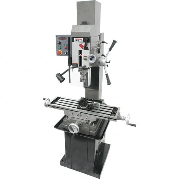 Jet - 3 Phase, 19-11/16" Swing, Geared Head Mill Drill Combination - 32-1/4" Table Length x 9-1/2" Table Width, 20-1/2" Longitudinal Travel, 8-1/4" Cross Travel, Variable Spindle Speeds, 1.5 hp, 230 Volts - Exact Tooling
