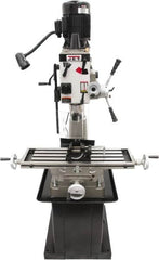 Jet - 1 Phase, 20-1/2" Swing, Geared Head Mill Drill Combination - 32-1/4" Table Length x 9-1/2" Table Width, 20-1/2" Longitudinal Travel, 8-1/4" Cross Travel, 6 Spindle Speeds, 1.5 hp, 115/230 Volts - Exact Tooling