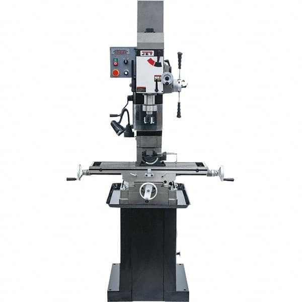 Jet - 1 Phase, 19-11/16" Swing, Geared Head Mill Drill Combination - 32-1/4" Table Length x 9-1/2" Table Width, 20-1/2" Longitudinal Travel, 8-1/4" Cross Travel, Variable Spindle Speeds, 1.5 hp, 115/230 Volts - Exact Tooling