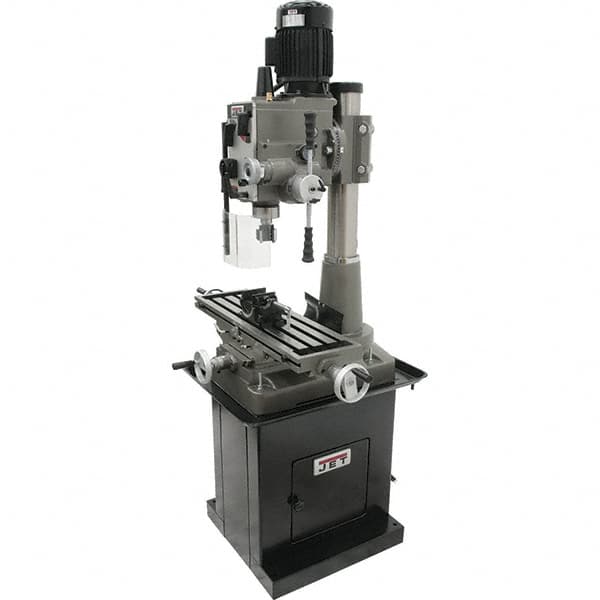 Jet - 1 Phase, 19-11/16" Swing, Geared Head Mill Drill Combination - 32-1/4" Table Length x 9-1/2" Table Width, 20-1/2" Longitudinal Travel, 8-1/4" Cross Travel, 6 Spindle Speeds, 1.5 hp, 115/230 Volts - Exact Tooling