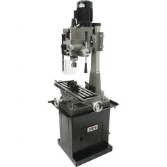 Jet - 1 Phase, 19-11/16" Swing, Geared Head Mill Drill Combination - 32-1/4" Table Length x 9-1/2" Table Width, 20-1/2" Longitudinal Travel, 8-1/4" Cross Travel, 6 Spindle Speeds, 1.5 hp, 115/230 Volts - Exact Tooling