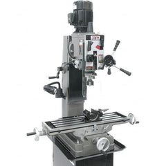 Jet - 3 Phase, 19-11/16" Swing, Geared Head Mill Drill Combination - 32-1/4" Table Length x 9-1/2" Table Width, 20-1/2" Longitudinal Travel, 8-1/4" Cross Travel, Variable Spindle Speeds, 1.5 hp, 230 Volts - Exact Tooling
