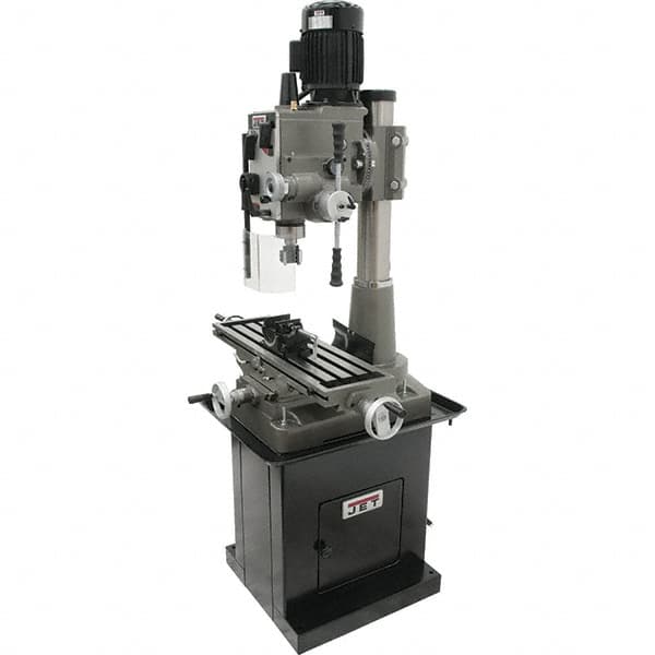 Jet - 1 Phase, 19-11/16" Swing, Geared Head Mill Drill Combination - 32-1/4" Table Length x 9-1/2" Table Width, 20-1/2" Longitudinal Travel, 8-1/4" Cross Travel, 6 Spindle Speeds, 1.5 hp, 115/230 Volts - Exact Tooling