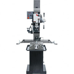 Jet - 3 Phase, 19-11/16" Swing, Geared Head Mill Drill Combination - 32-1/4" Table Length x 9-1/2" Table Width, 20-1/2" Longitudinal Travel, 8-1/4" Cross Travel, Variable Spindle Speeds, 1.5 hp, 230 Volts - Exact Tooling