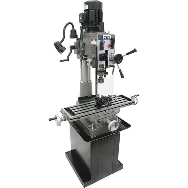 Jet - 1 Phase, 20-1/2" Swing, Geared Head Mill Drill Combination - 32-1/4" Table Length x 9-1/2" Table Width, 20-1/2" Longitudinal Travel, 8-1/4" Cross Travel, 6 Spindle Speeds, 1.5 hp, 115/230 Volts - Exact Tooling