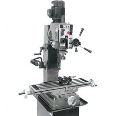 Jet - 1 Phase, 19-11/16" Swing, Geared Head Mill Drill Combination - 32-1/4" Table Length x 9-1/2" Table Width, 20-1/2" Longitudinal Travel, 8-1/4" Cross Travel, 6 Spindle Speeds, 1.5 hp, 115/230 Volts - Exact Tooling