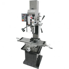 Jet - 3 Phase, 19-11/16" Swing, Geared Head Mill Drill Combination - 32-1/4" Table Length x 9-1/2" Table Width, 20-1/2" Longitudinal Travel, 8-1/4" Cross Travel, Variable Spindle Speeds, 1.5 hp, 230 Volts - Exact Tooling