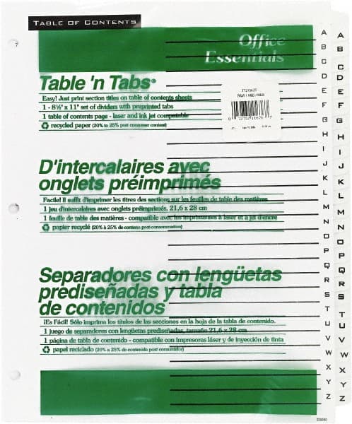 Office Essentials - 11 x 8 1/2" A to Z Label, 26 Tabs, 3-Hole Punched, Preprinted Divider - White - Exact Tooling