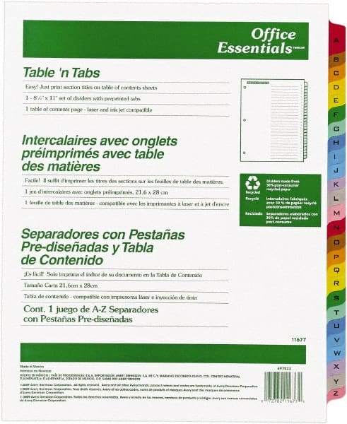 Office Essentials - 11 x 8 1/2" A to Z Label, 26 Tabs, 3-Hole Punched, Preprinted Divider - Multicolor Tabs, White Folder - Exact Tooling