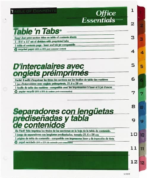 Office Essentials - 11 x 8 1/2" 1 to 12" Label, 12 Tabs, 3-Hole Punched, Preprinted Divider - Multicolor Tabs, White Folder - Exact Tooling