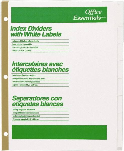 Office Essentials - 11 x 8 1/2" 1 to 8" Label, 8 Tabs, 3-Hole Punched, Customizable Divider - White - Exact Tooling