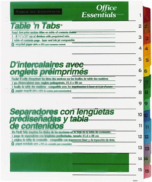 Office Essentials - 11 x 8 1/2" 1 to 15" Label, 15 Tabs, 3-Hole Punched, Preprinted Divider - Multicolor Tabs, White Folder - Exact Tooling