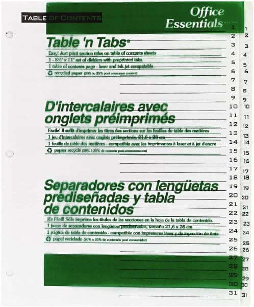 Office Essentials - 11 x 8 1/2" 1 to 31" Label, 31 Tabs, 3-Hole Punched, Preprinted Divider - White - Exact Tooling