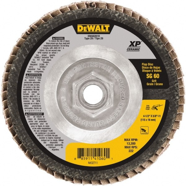 DeWALT - 60 Grit, 4-1/2" Disc Diam, 5/8-11 Center Hole, Type 29 Ceramic Flap Disc - 8,700 Max RPM, Poly Cotton Backing, Arbor Attaching System, Coated - Exact Tooling