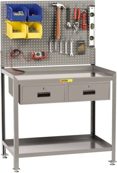 Little Giant - 2 Drawer, 2 Shelf Workbench with Pegboard - 2,000 Lb Capacity, Steel with Flush Front Edge Top, Gray, 24" Wide x 45" High x 36" Long - Exact Tooling