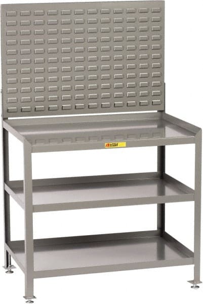 Little Giant - No Drawers, 3 Shelf Workbench with Louvered Panel - 2,000 Lb Capacity, Steel with Flush Front Edge Top, Gray, 24" Wide x 45" High x 48" Long - Exact Tooling