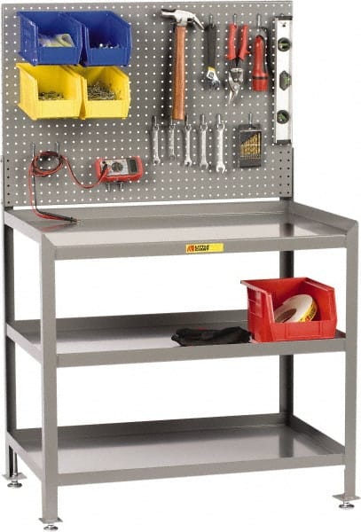 Little Giant - No Drawers, 3 Shelf Workbench with Pegboard - 2,000 Lb Capacity, Steel with Flush Front Edge Top, Gray, 24" Wide x 45" High x 36" Long - Exact Tooling