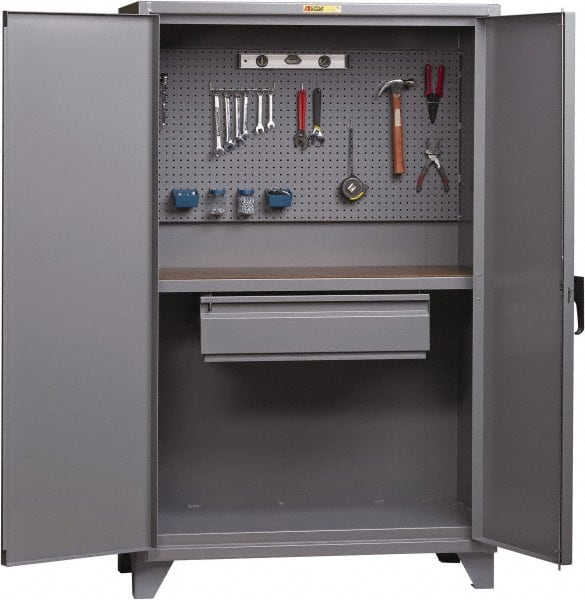Little Giant - 1 Drawer, Cabinet Work Center - Steel with Flush Front Edge Top, Gray, 60" Wide x 78" High x 27" Long - Exact Tooling