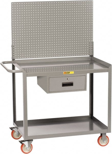 Little Giant - 1,200 Lb Capacity, 2 Shelf, 1 Drawer Mobile Workbench with Pegboard Panel - 48" Wide x 24" Deep x 60" High, Steel - Exact Tooling