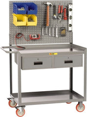 Little Giant - 1,200 Lb Capacity, 2 Shelf, 2 Drawer Mobile Workbench with Pegboard Panel - 48" Wide x 24" Deep x 60" High, Steel - Exact Tooling