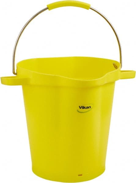 Vikan - 5 Gal, 18" High, Polypropylene Round Yellow Single Pail with Pour Spout - Handle Included, 15.4mm Top Length x 18.9" Top Width x 18.9" Top Diam - Exact Tooling