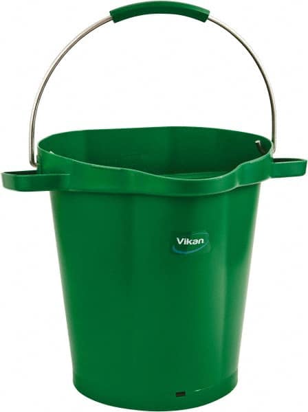 Vikan - 5 Gal, 18" High, Polypropylene Round Green Single Pail with Pour Spout - Handle Included, 15.4mm Top Length x 18.9" Top Width x 18.9" Top Diam - Exact Tooling