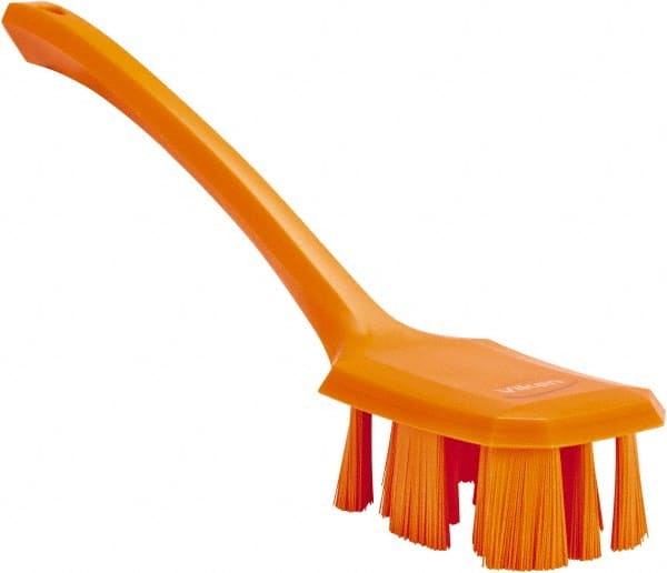 Vikan - 2-3/4" Bristle Length, Polyester Scrub Brush - 12" Long x 2-7/8" Wide Head, 15-1/2" OAL, Long Handle, Orange, Polypropylene Block - Exact Tooling